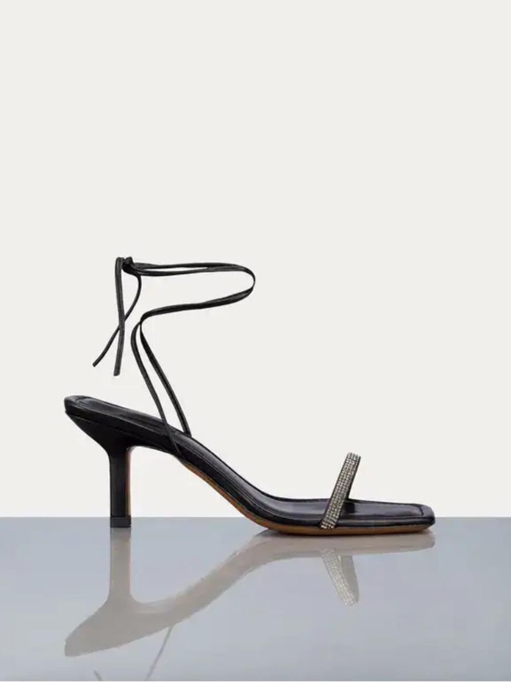 Frame Black Lace-Up Mid Heel Sandal with Rhinestone Strap, 37.5